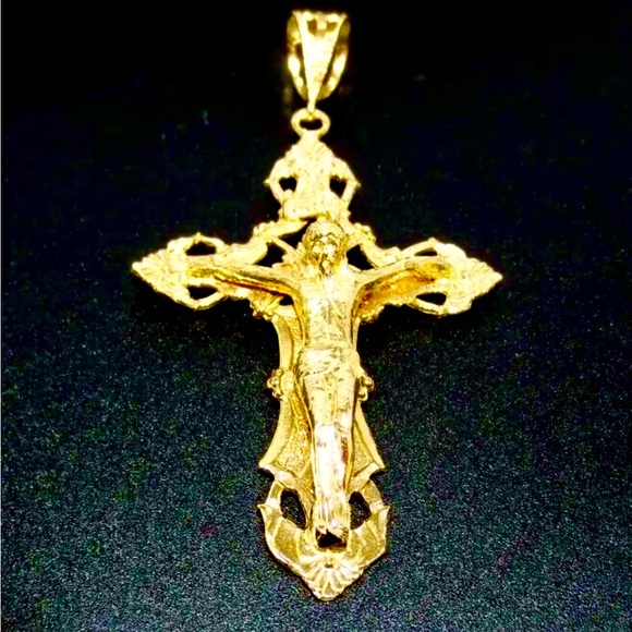 HUGE Religious 14K YELLOW GOLD LARGE LORD JESUS CHRIST CROSS - Picture 2 of 8